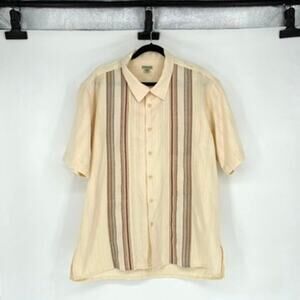 Men's Hand Woven Organic Cotton Ivory and Tan Short Sleeve Button Down - Size XL